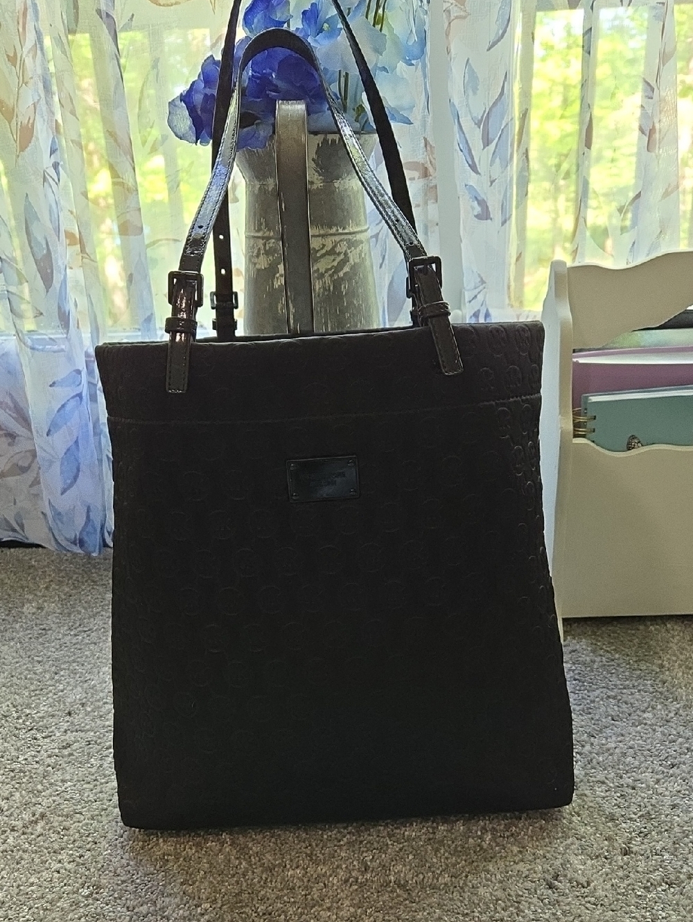 Rare Michael Kors Black Quilted Neoprene Logo Tote with Patent Leather Straps